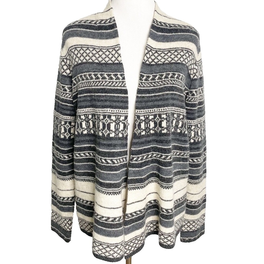 Monari Grey Metallic Fair Isles Open Cardigan Sweater Wool Blend Size‎  US 8